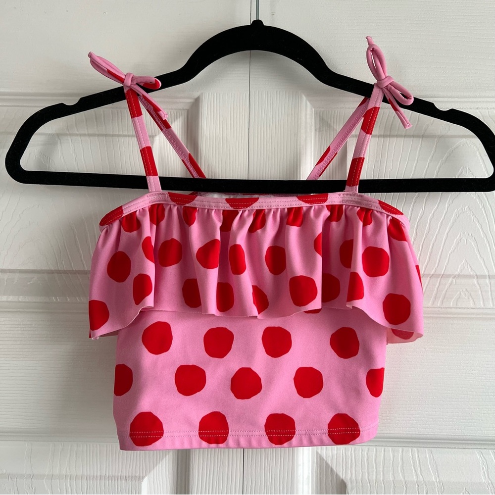 Hanna Andersson Pink Red Big Dots‎ Ruffle Bows On Straps Swim Bikini Top Size 8